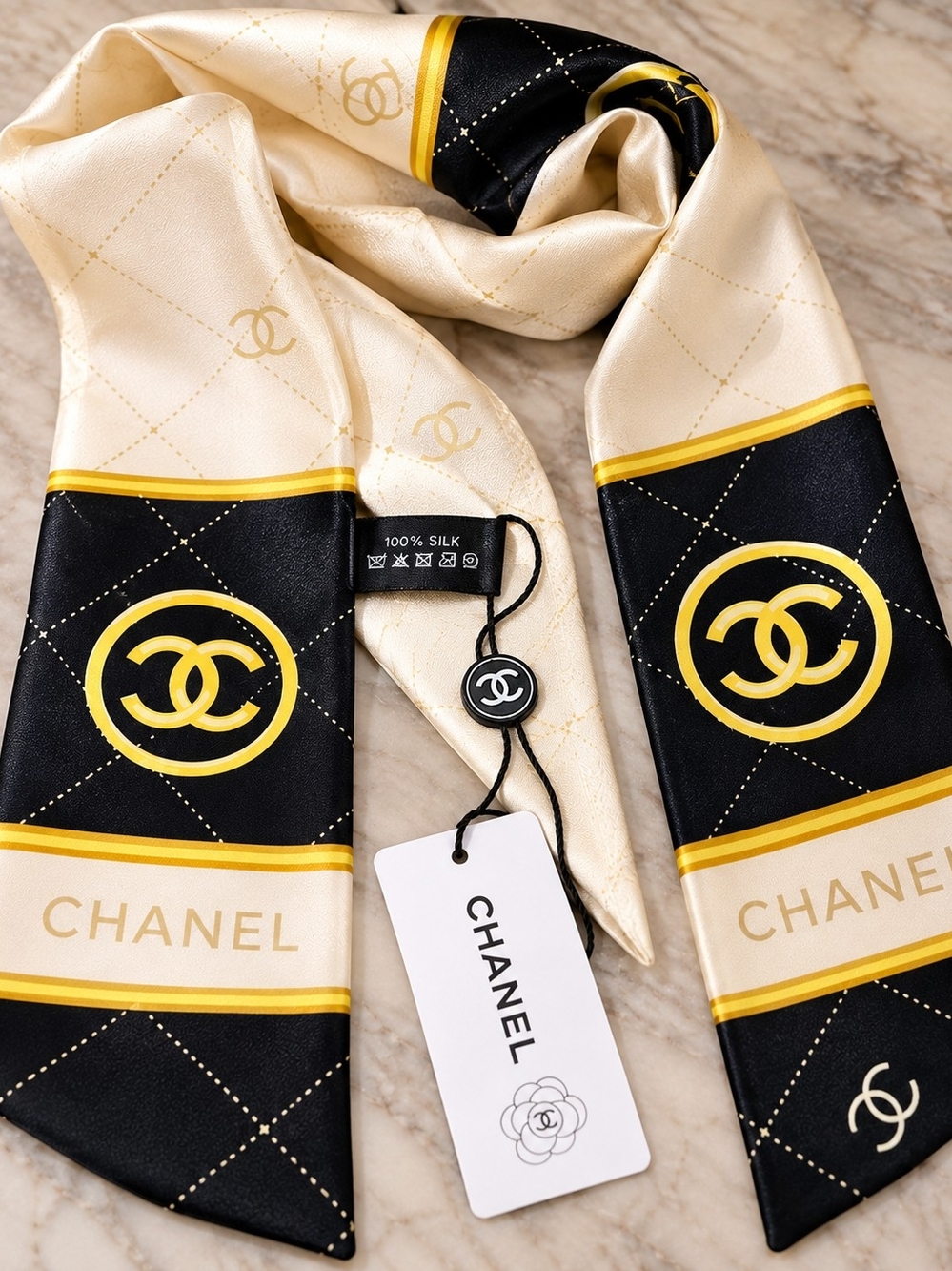 CHANEL Black, Cream & Gold Silk Twilly Scarf